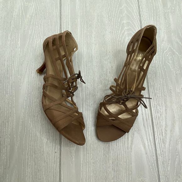 Stuart Weitzman Women's Brown Tie One On Leather Kitten Heel Sandals Size 9 - Picture 1 of 11